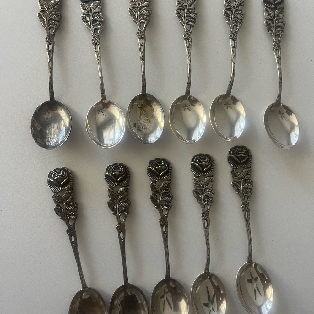 11 Vintage Antiko 800 Silver Rose Demitasse Spoons Set